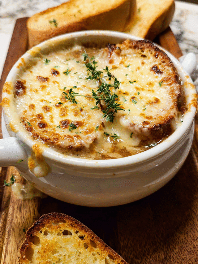French onion soup in white bowl with melted cheese and toasted bread