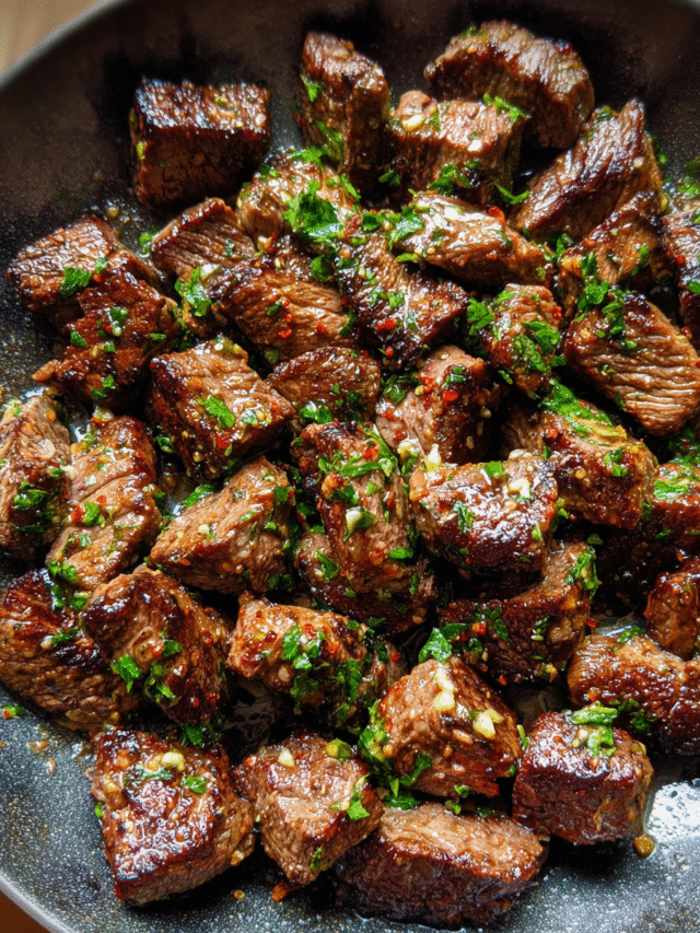 Garlic butter steak bites in skillet with parsley