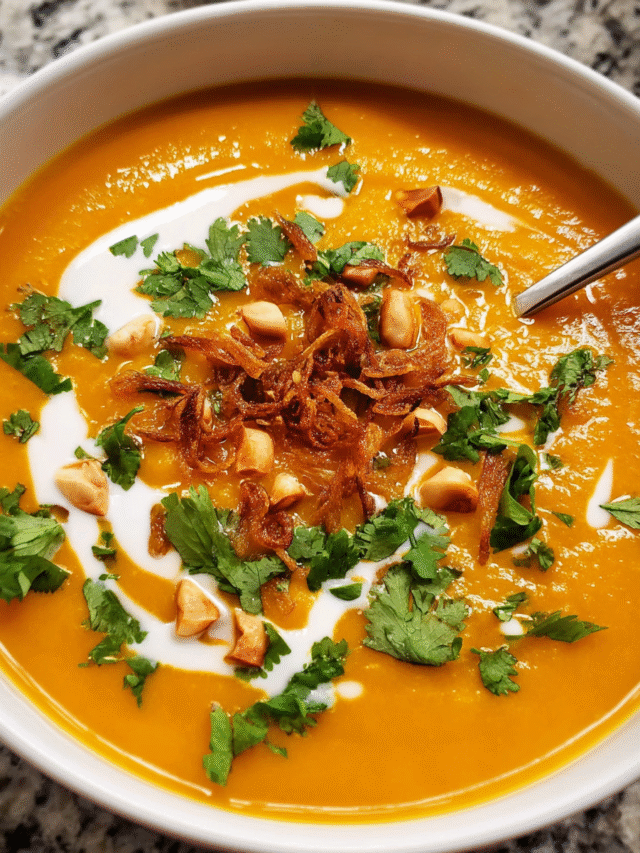 Ginger carrot soup served with coconut cream and herbs