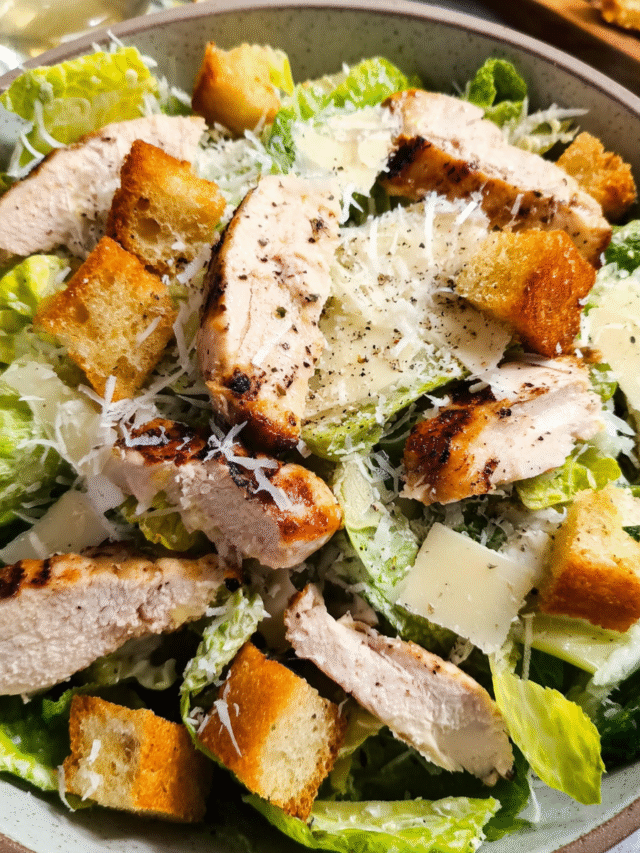 Grilled Chicken Caesar Salad with homemade croutons and creamy dressing