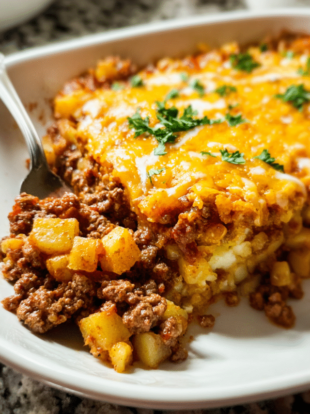 Ground beef and potato casserole topped with melted cheddar cheese