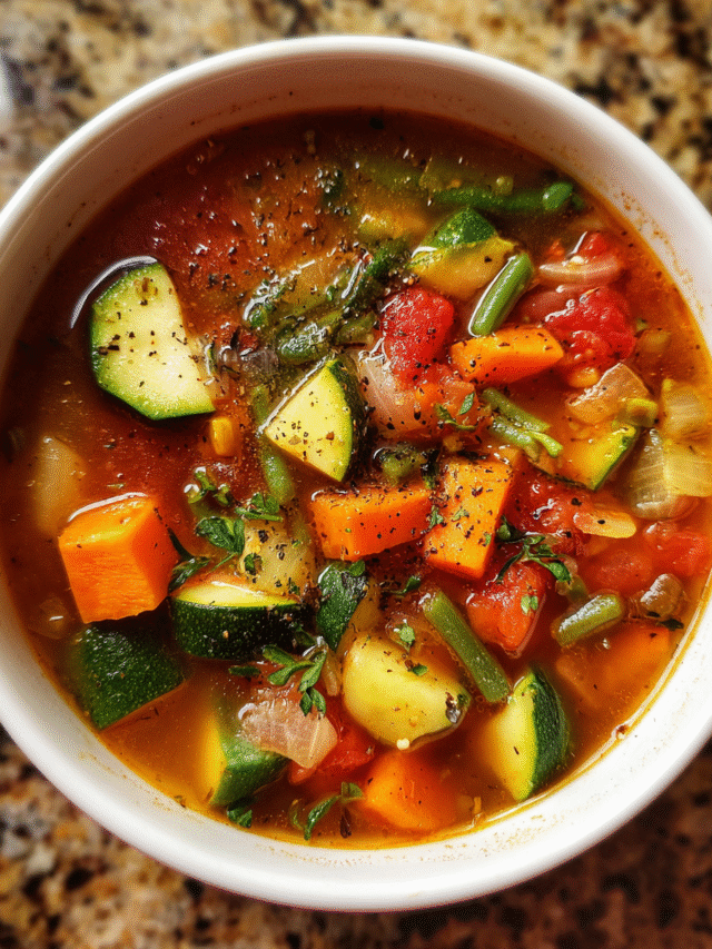 Hearty vegetable soup in a white bowl with kale and chickpeas