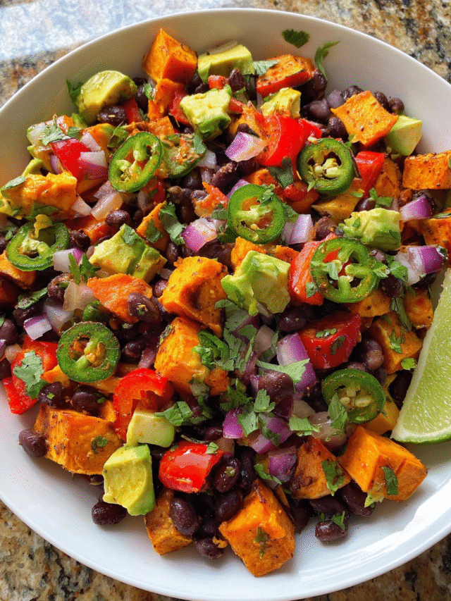 High Protein Black Bean Salad with roasted sweet potatoes and avocado