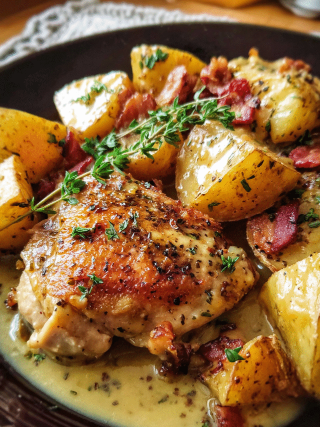 Honey Mustard Chicken Bake with potatoes and turkey bacon in skillet