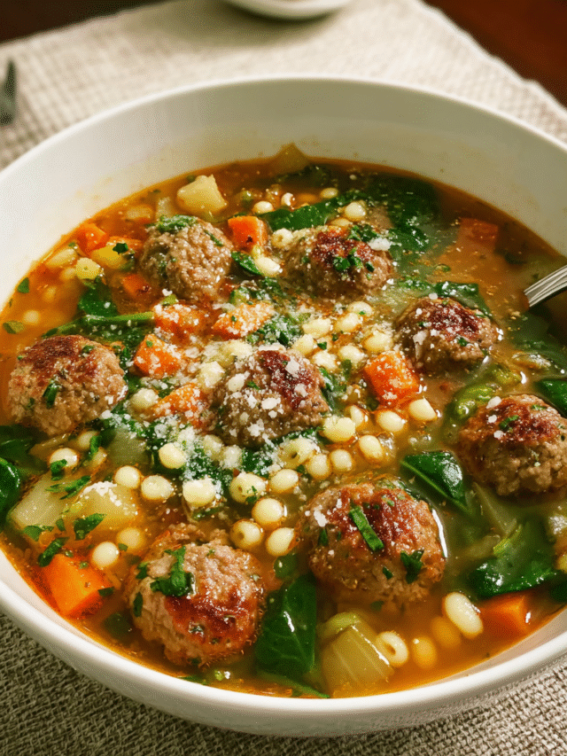Bowl of homemade Italian wedding soup with spinach and meatballs