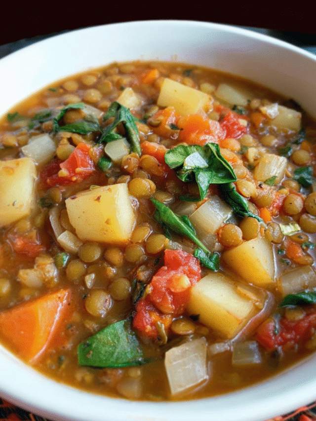 Lentil and veggie soup in a white bowl topped with fresh spinach
