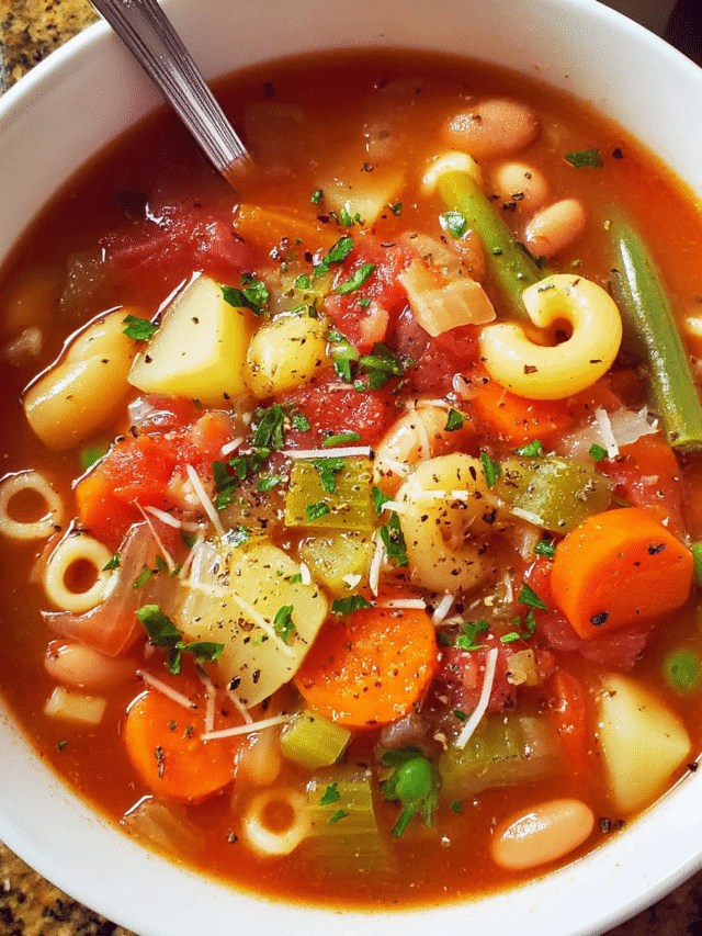 Hearty bowl of Italian minestrone soup with vegetables and pasta
