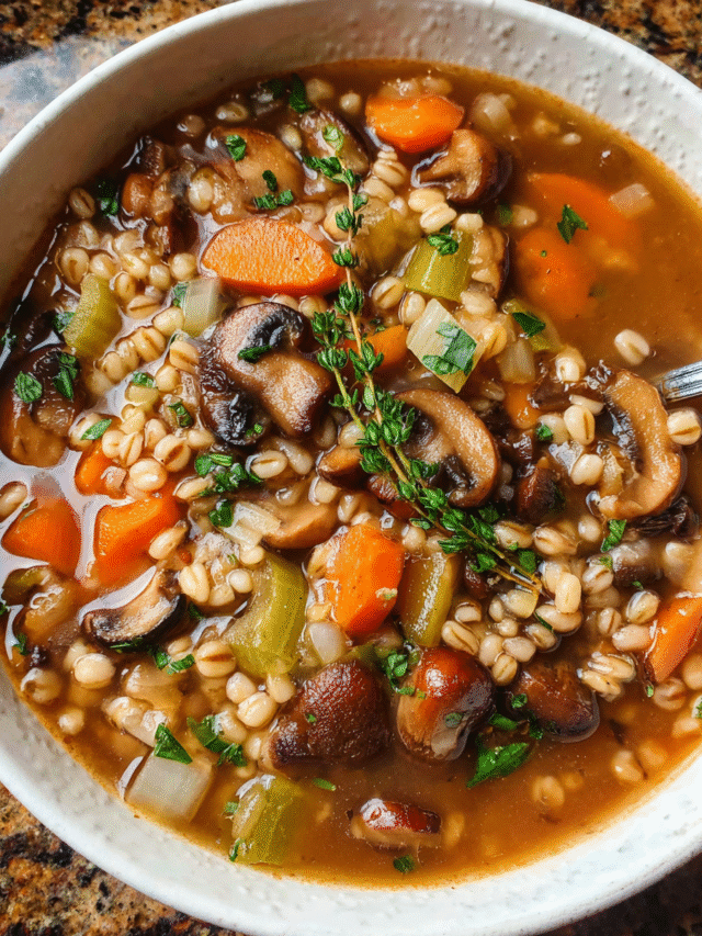 Hearty bowl of mushroom barley soup with vegetables and parsley garnish