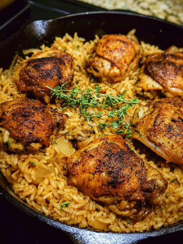 One pot chicken dinner with jasmine rice and herbs in skillet