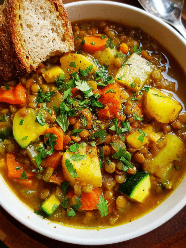 One pot lentil stew with vegetables and parsley in a rustic bowl