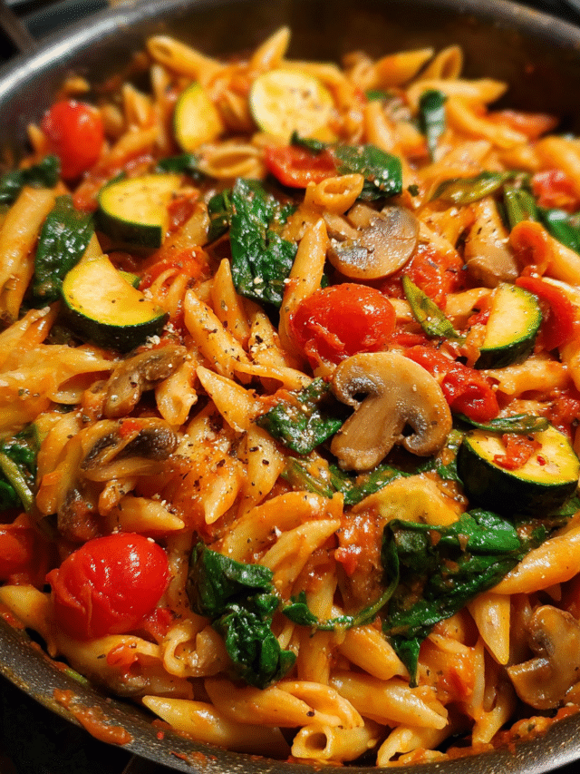 One pot pasta dinner with fresh vegetables in tomato sauce
