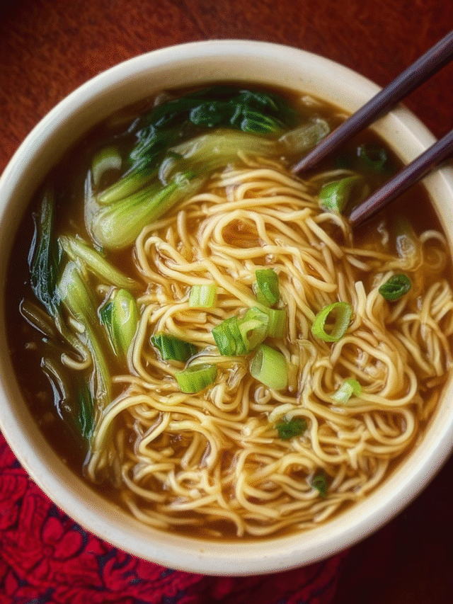 Quick noodle soup with bok choy and green onions in bowl