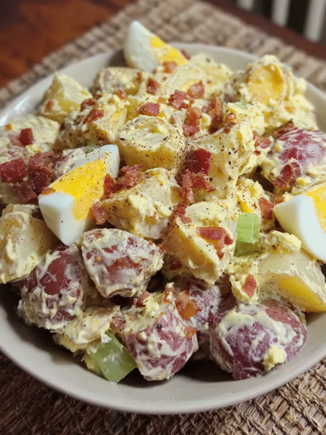 Creamy red skinned potato salad with eggs and turkey bacon