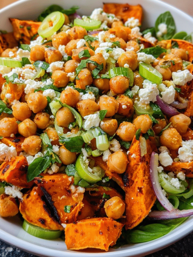 Roasted Sweet Potato Chickpea Feta Salad with herbs and lemon dressing