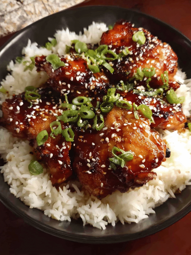 Sticky ginger soy glazed chicken in skillet with glaze