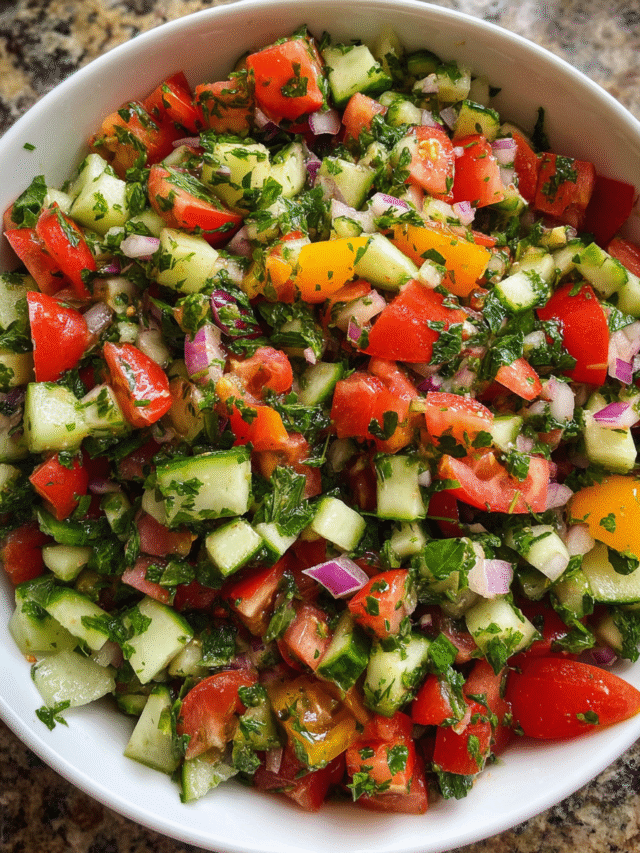 Shirazi Salad Recipe with cucumber, tomato, and fresh herbs in a bowl