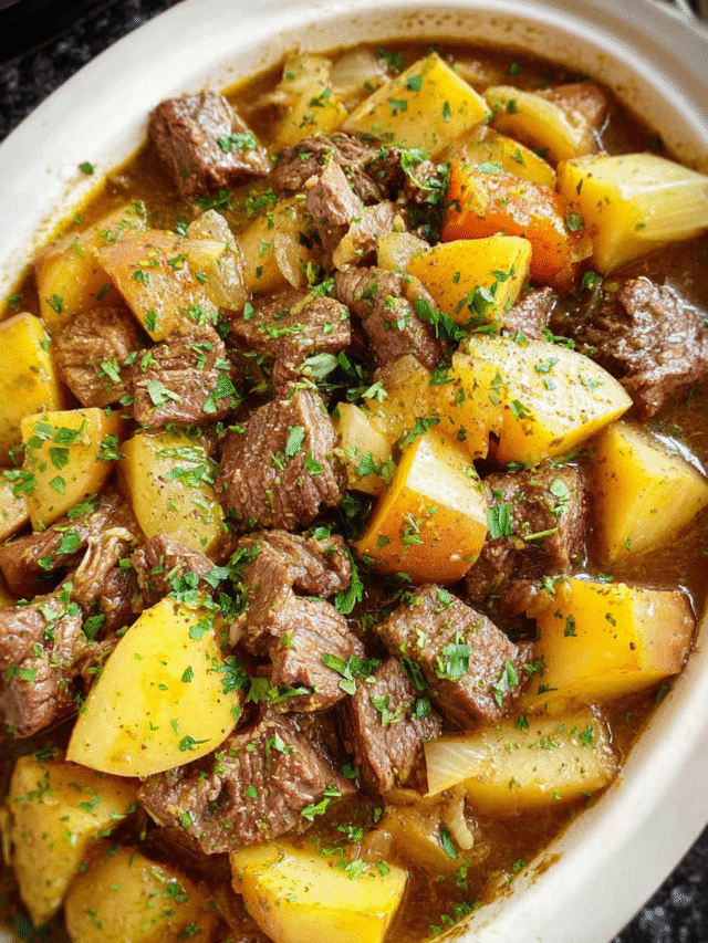 Slow Cooker Beef and Potatoes served in a rustic bowl