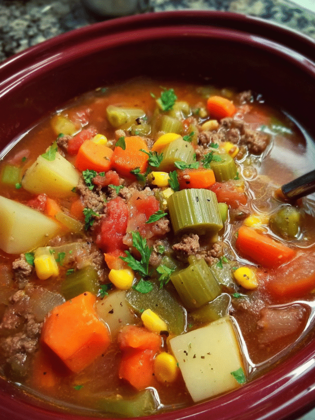 Bowl of slow cooker beef soup with vegetables