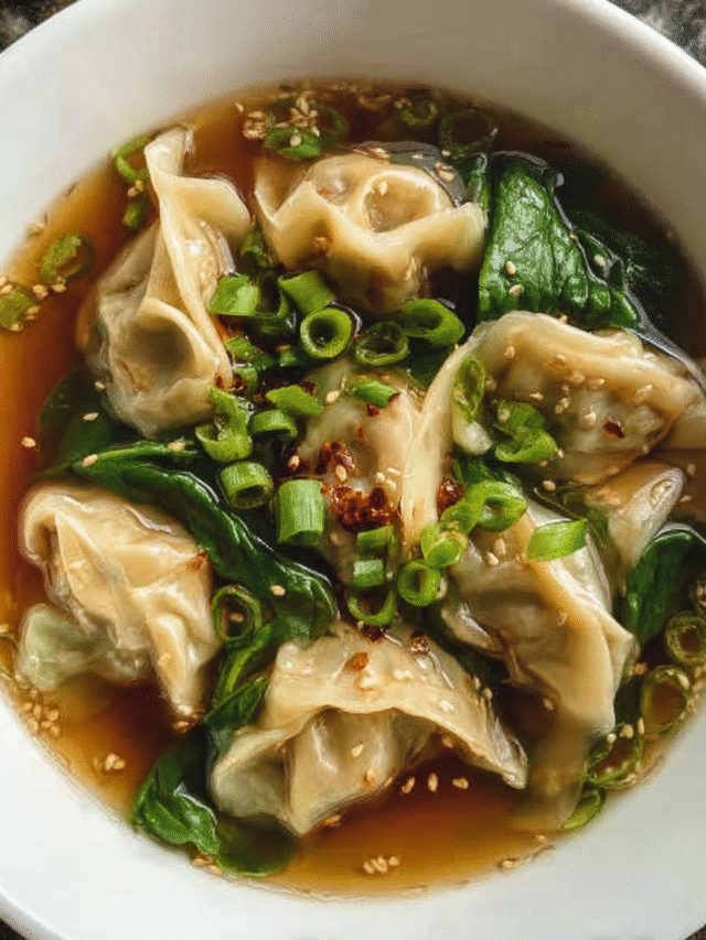 Bowl of soup with dumplings and chili crisp topping