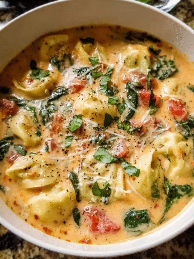 Bowl of creamy tortellini soup with spinach and parmesan