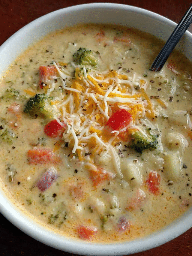 Creamy vegetable chowder soup with broccoli, cauliflower, and cheddar in a bowl