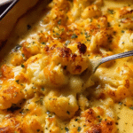 Golden baked cauliflower cheese in ceramic dish