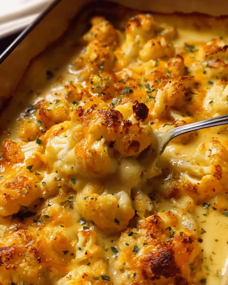 Golden baked cauliflower cheese in ceramic dish