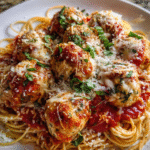 Baked chicken parmesan meatballs served over roasted garlic spaghetti with marinara and fresh basil