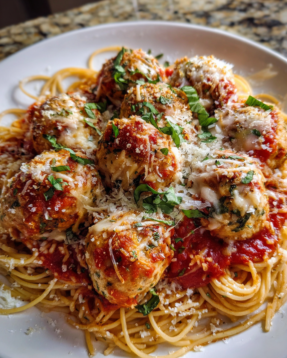 Baked chicken parmesan meatballs served over roasted garlic spaghetti with marinara and fresh basil