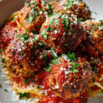 Juicy baked Italian meatballs served with pasta and marinara sauce