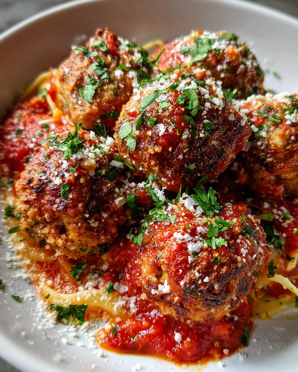 Juicy baked Italian meatballs served with pasta and marinara sauce
