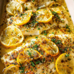 Oven baked lemon garlic fish fillets with parsley and lemon slices