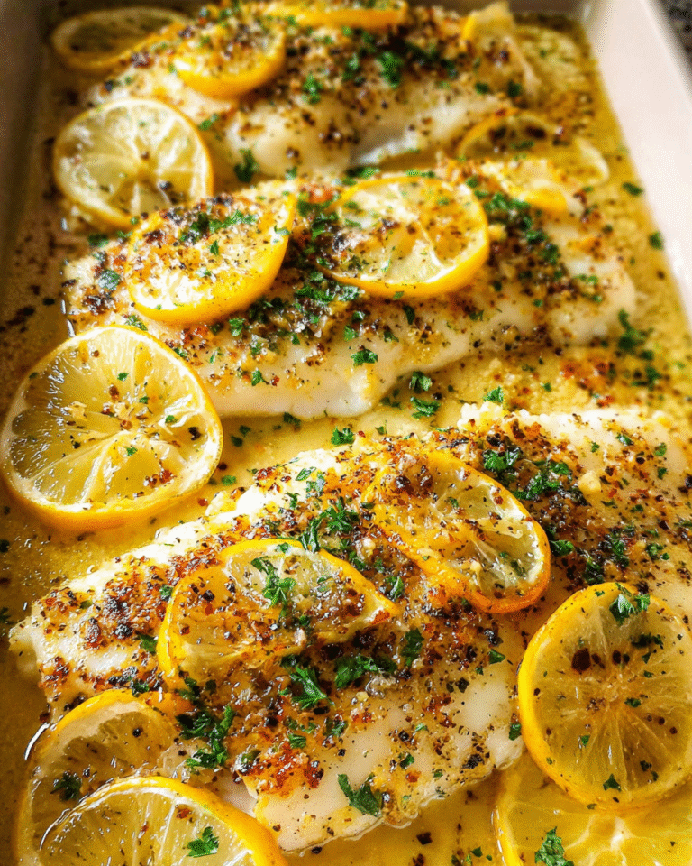 Oven baked lemon garlic fish fillets with parsley and lemon slices