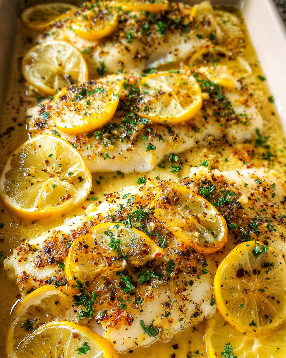 Oven baked lemon garlic fish fillets with parsley and lemon slices