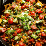 Beef skillet enchiladas baked with melted cheese in a cast iron pan