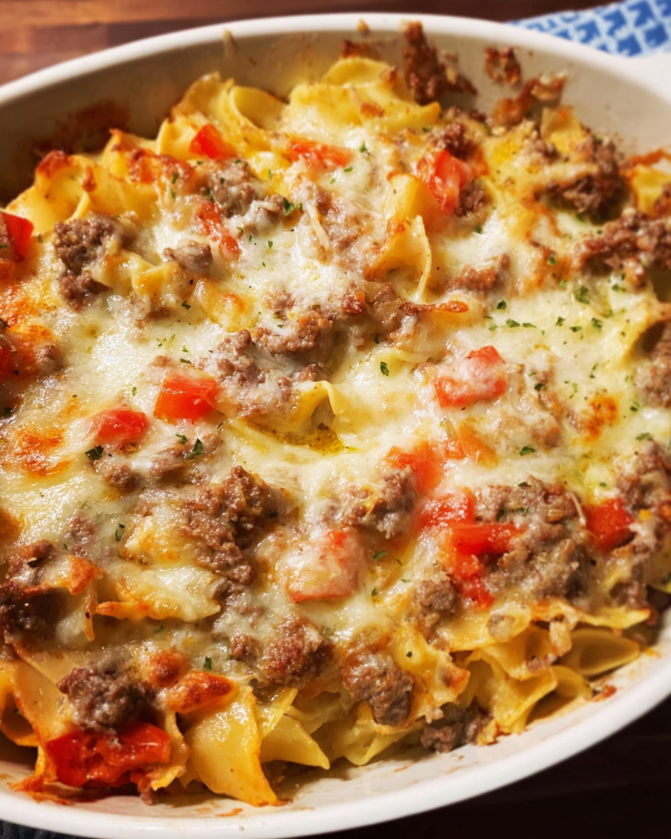 Baked beef and cheese casserole with melted cheddar on top