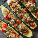 Bruschetta quinoa zucchini boats baked with tomatoes and mozzarella