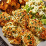 Baked Caesar Chicken with crispy crouton topping