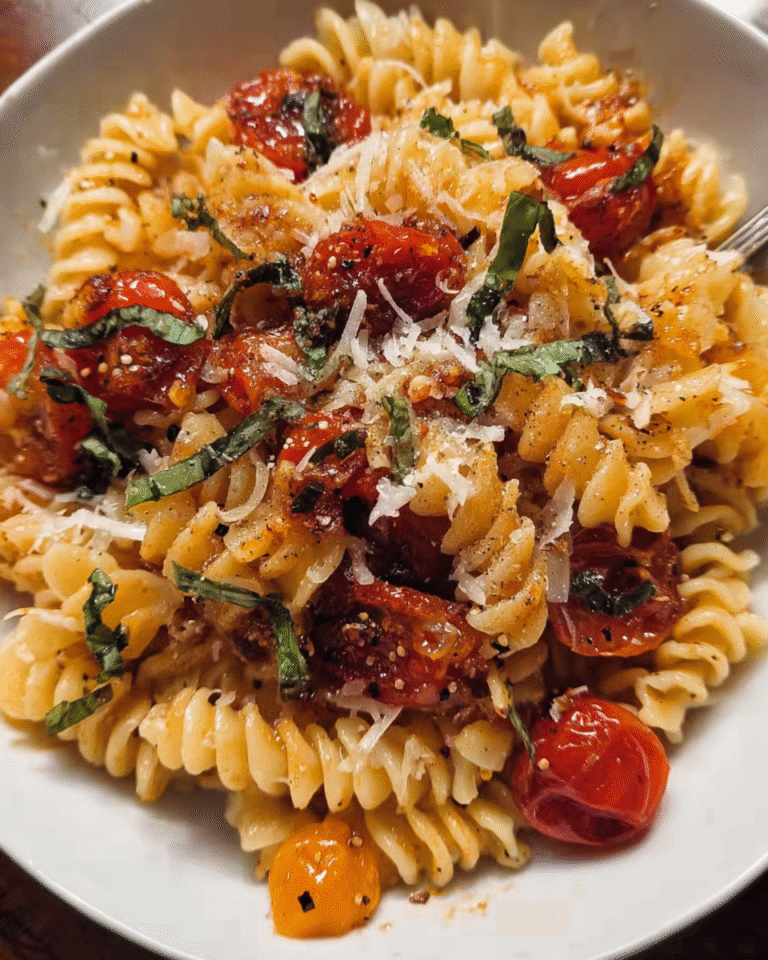 Caramelized onion and burst tomato pasta with basil and Parmesan