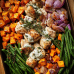 Chicken bacon ranch sheet pan dinner with roasted sweet potatoes and green beans