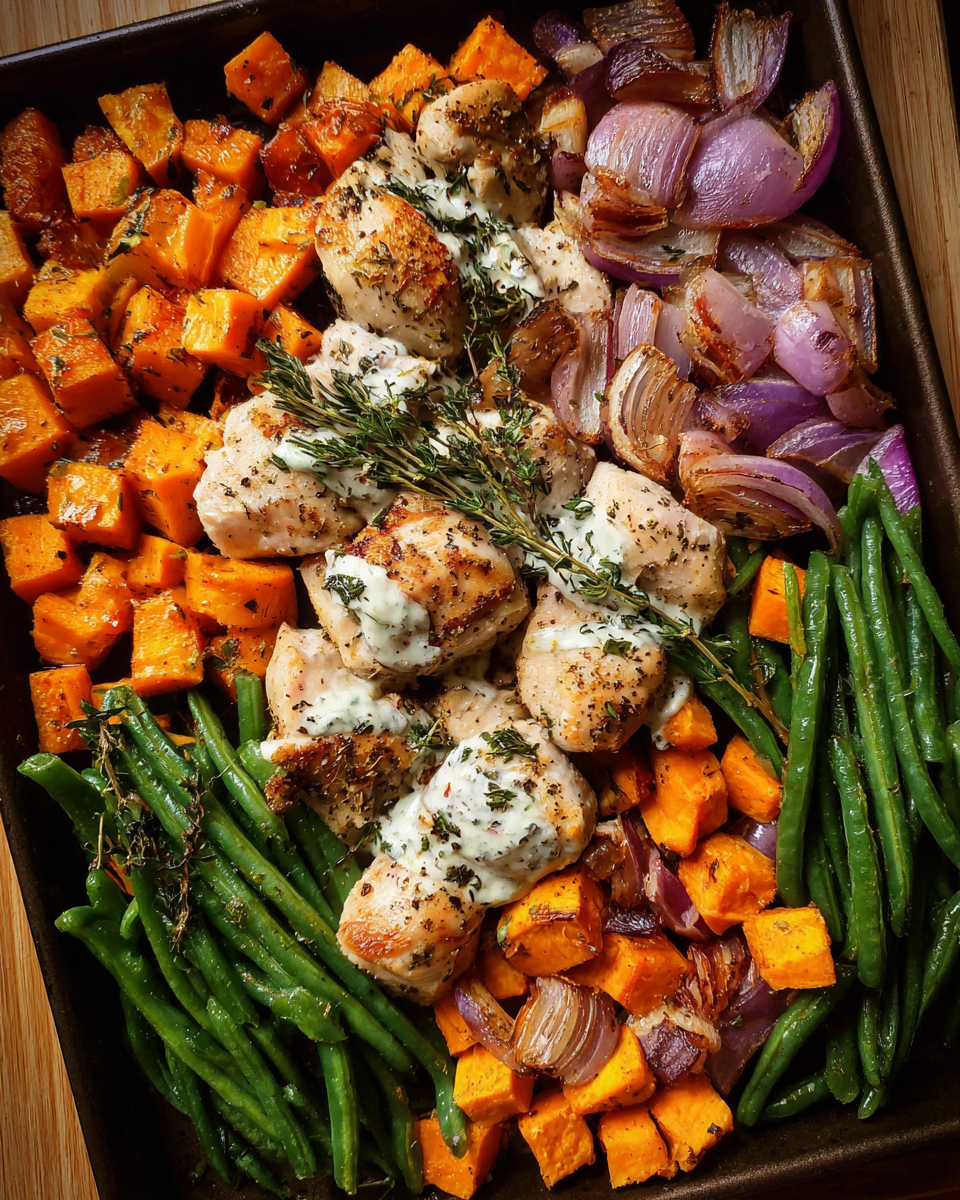 Chicken bacon ranch sheet pan dinner with roasted sweet potatoes and green beans