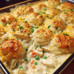 Chicken and Biscuit Bake fresh from oven with golden biscuits