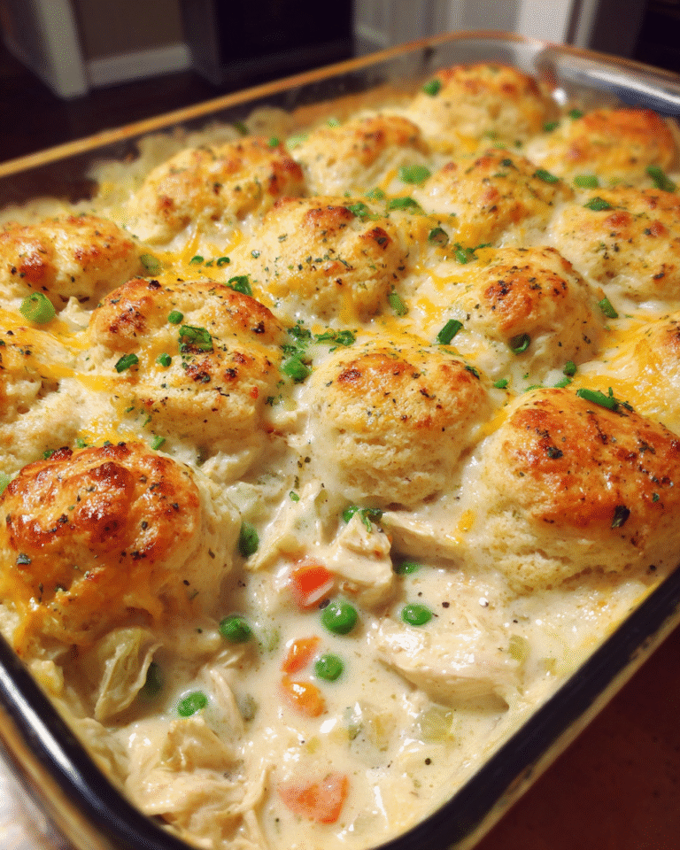 Chicken and Biscuit Bake fresh from oven with golden biscuits