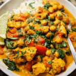 Chicken and chickpea curry with coconut milk served over rice