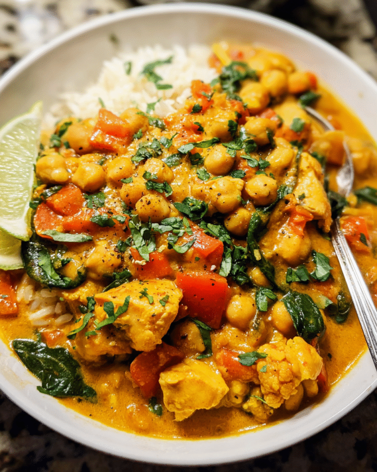 Chicken and chickpea curry with coconut milk served over rice