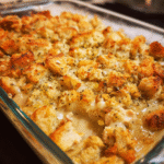 Chicken and stuffing bake casserole with golden topping