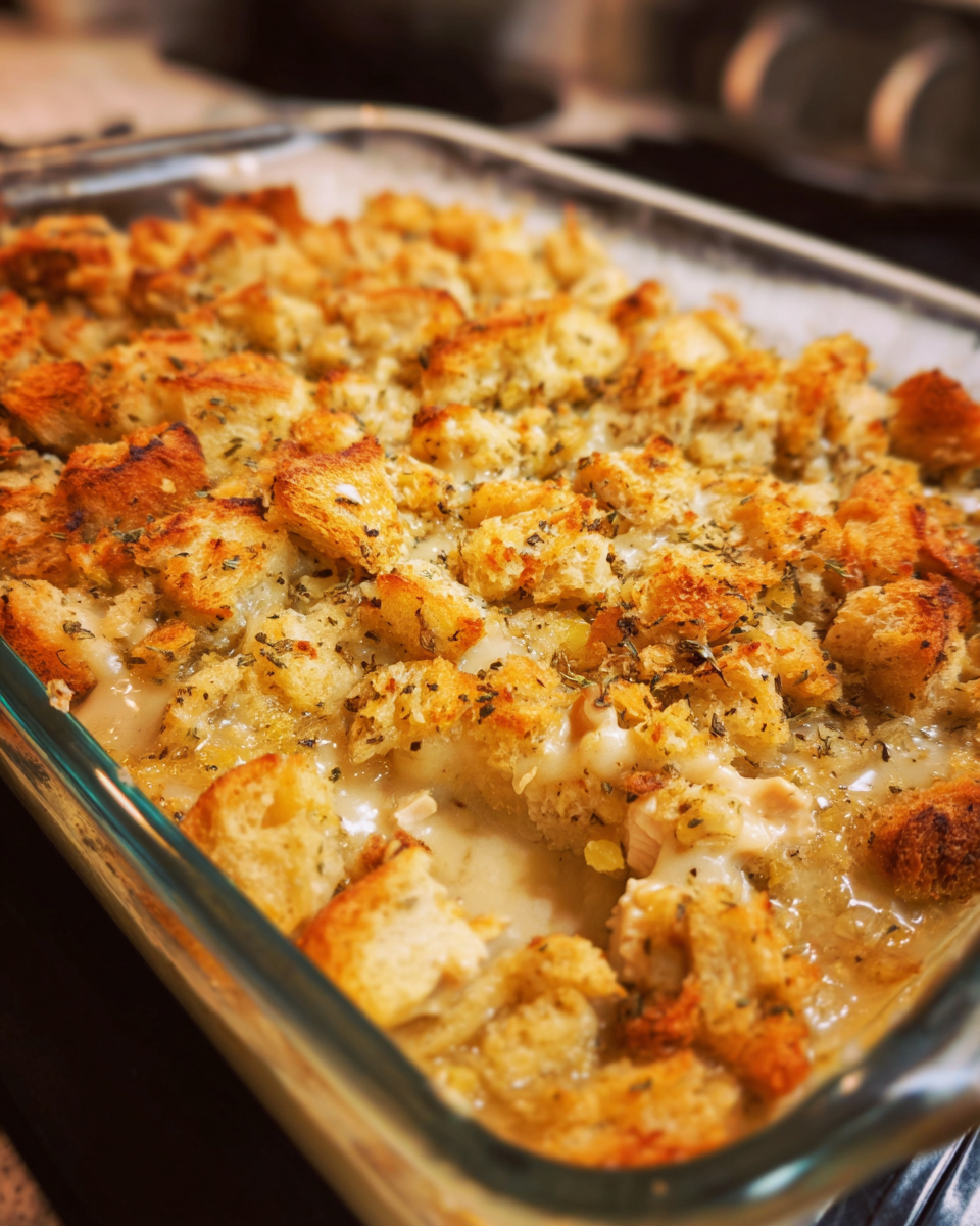 Chicken and stuffing bake casserole with golden topping