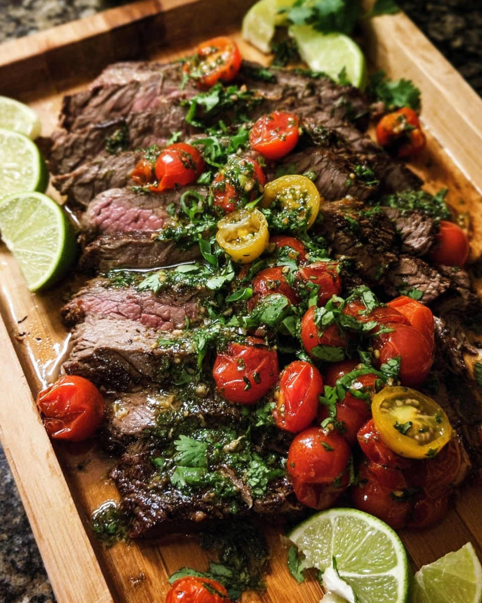 Cilantro lime flank steak sliced and topped with fresh tomato cilantro salsa