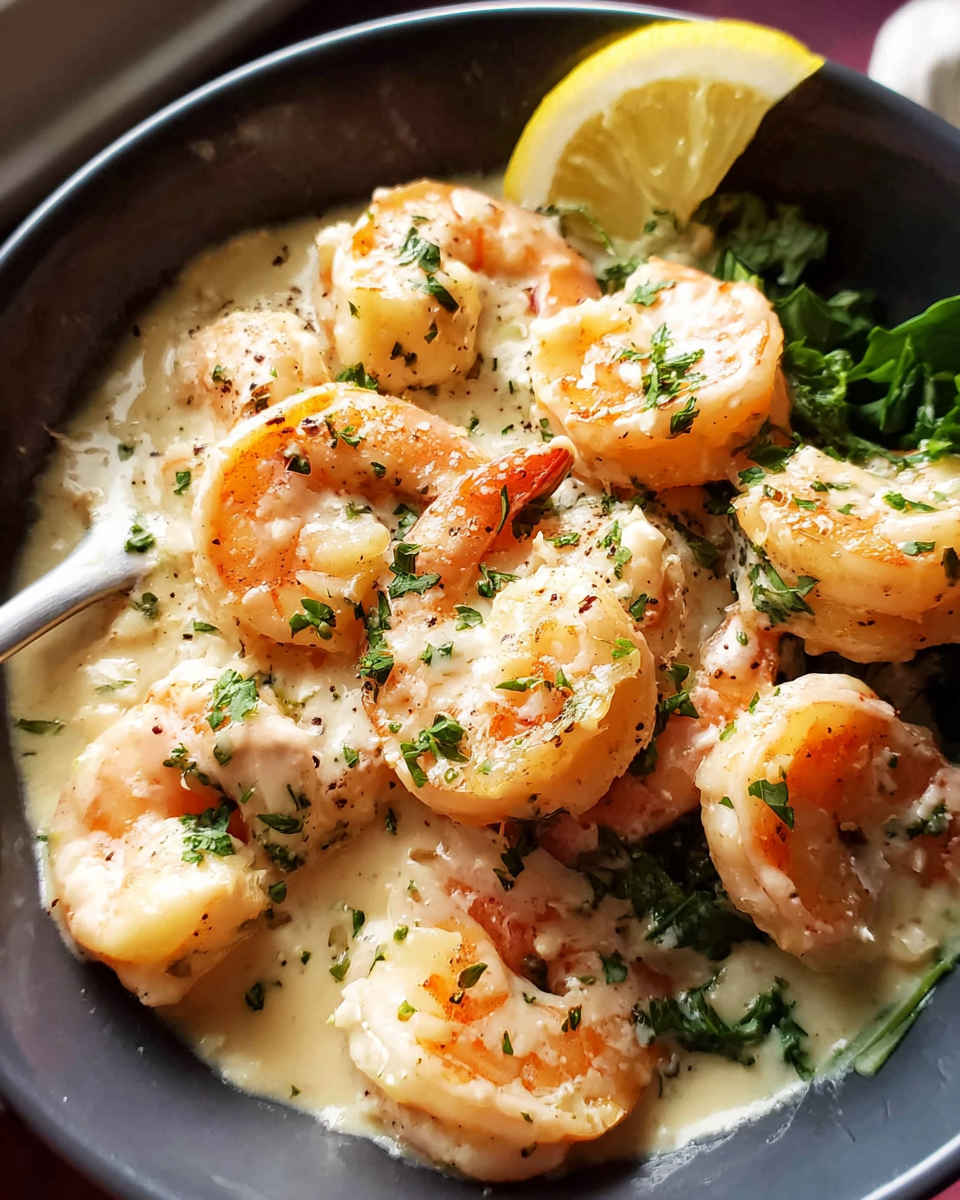 Creamy garlic prawns cooked in a rich garlic parmesan sauce