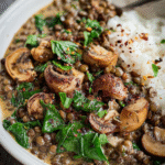 Creamy lentil mushroom stew with spinach and herbs in a bowl